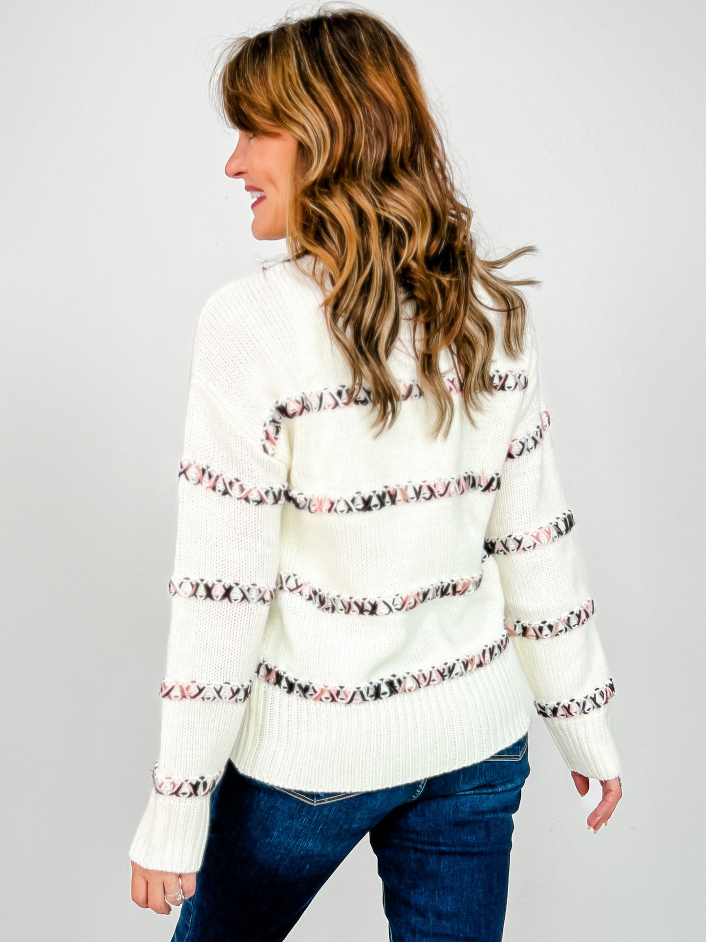 Long Sleeve Woven Striped Knit Sweater