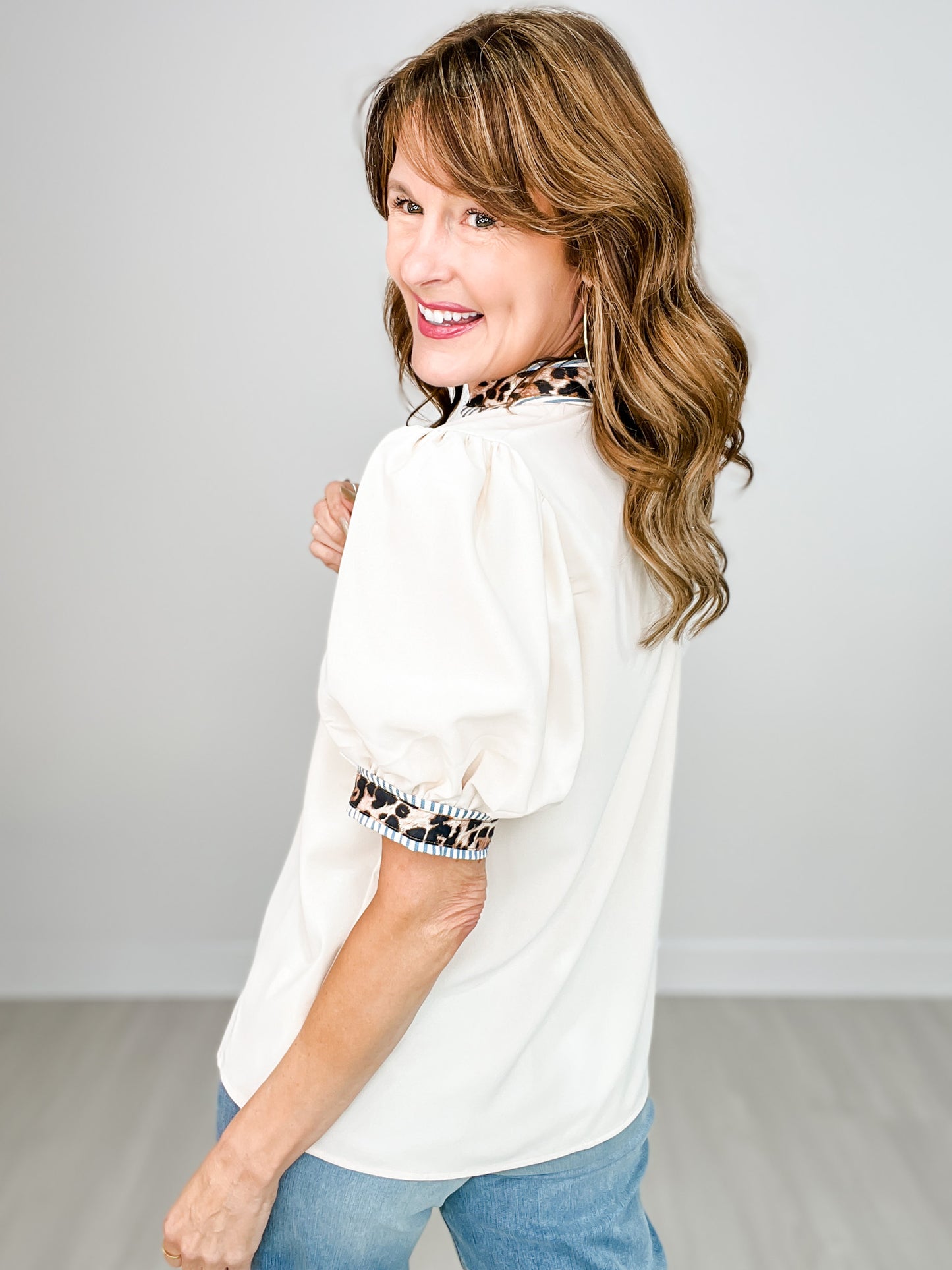 Short Puff Sleeve Button Down Top with Leopard Accents