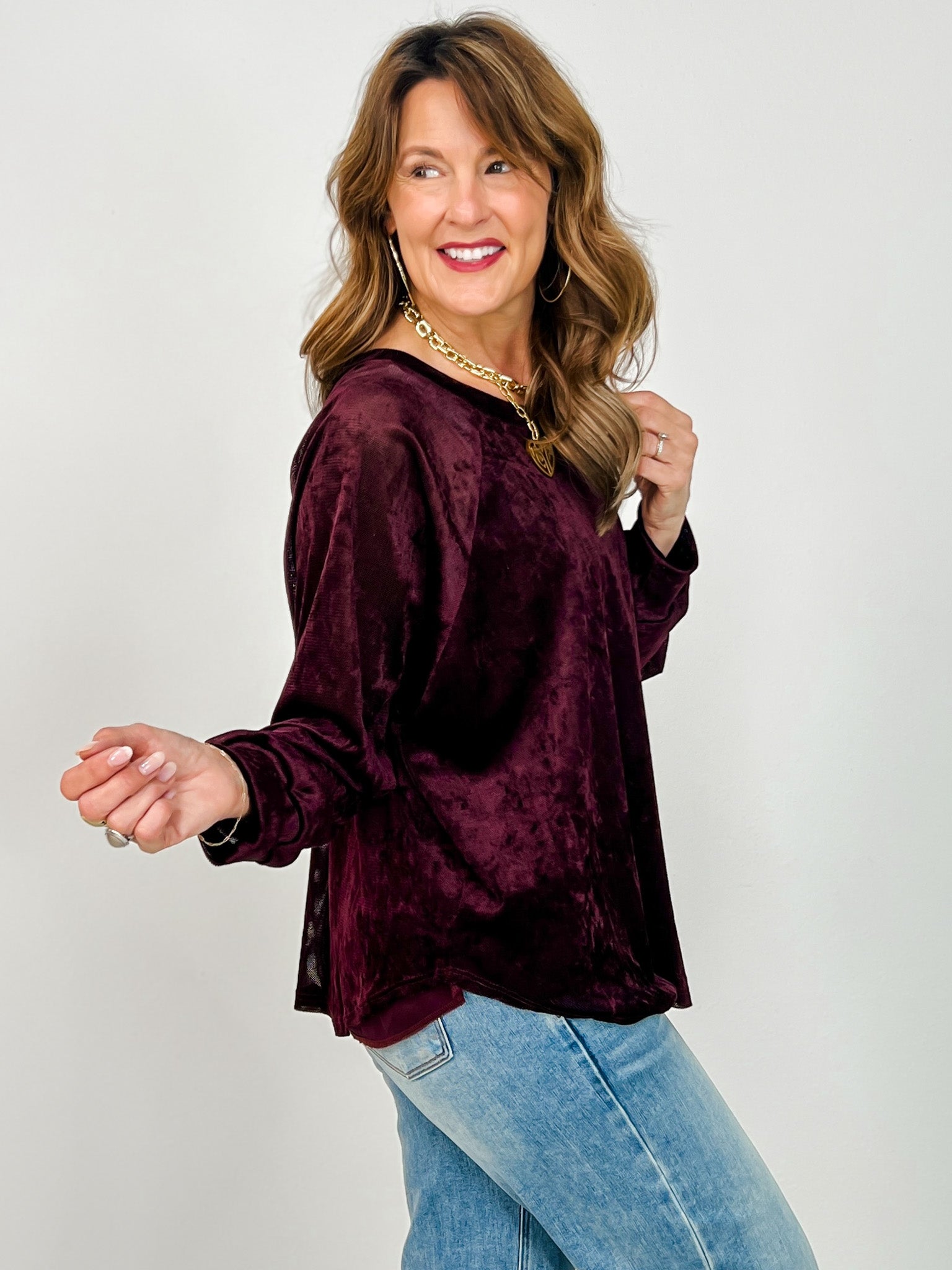 Raglan Sleeve Soft Sheen Velvet Top
