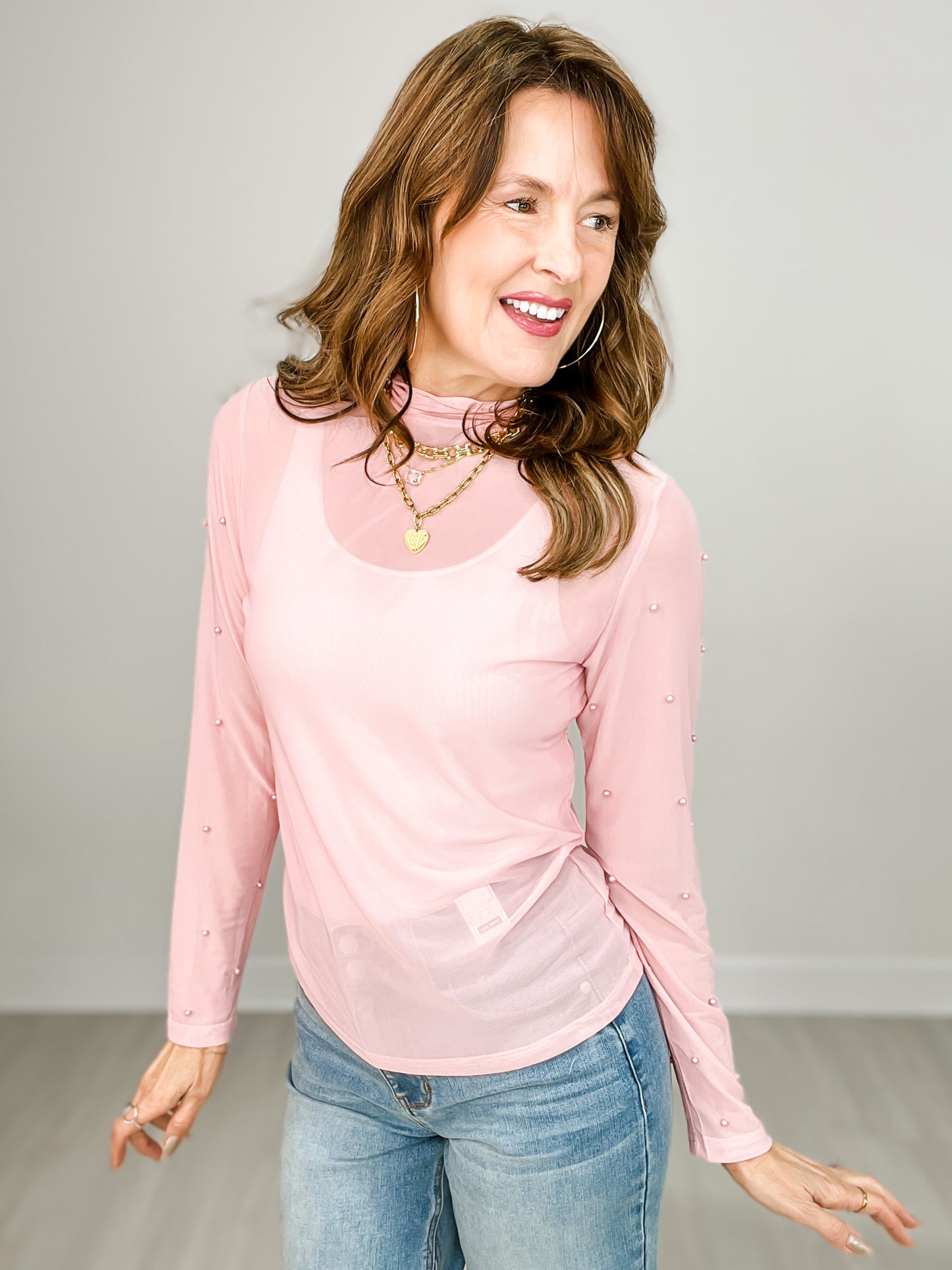 Mock Neck Mesh Top with Pearl Detail - GRP B