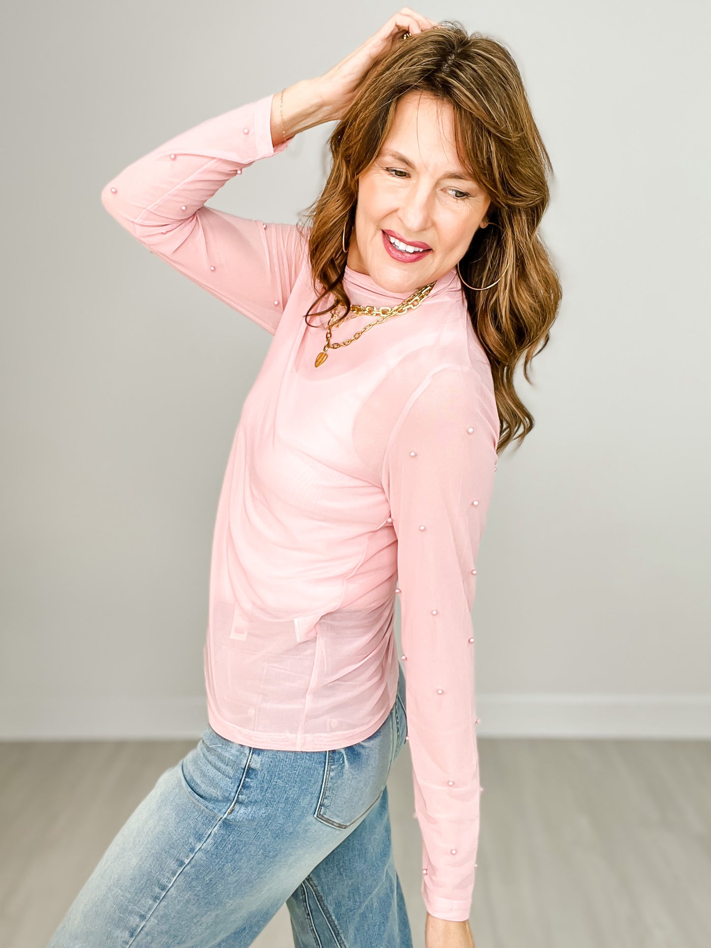 Mock Neck Mesh Top with Pearl Detail - GRP B