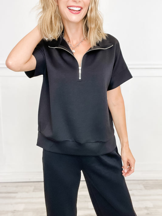 Catalina Short Sleeve Half Zipper Top with Wide Leg Pants Set in Black