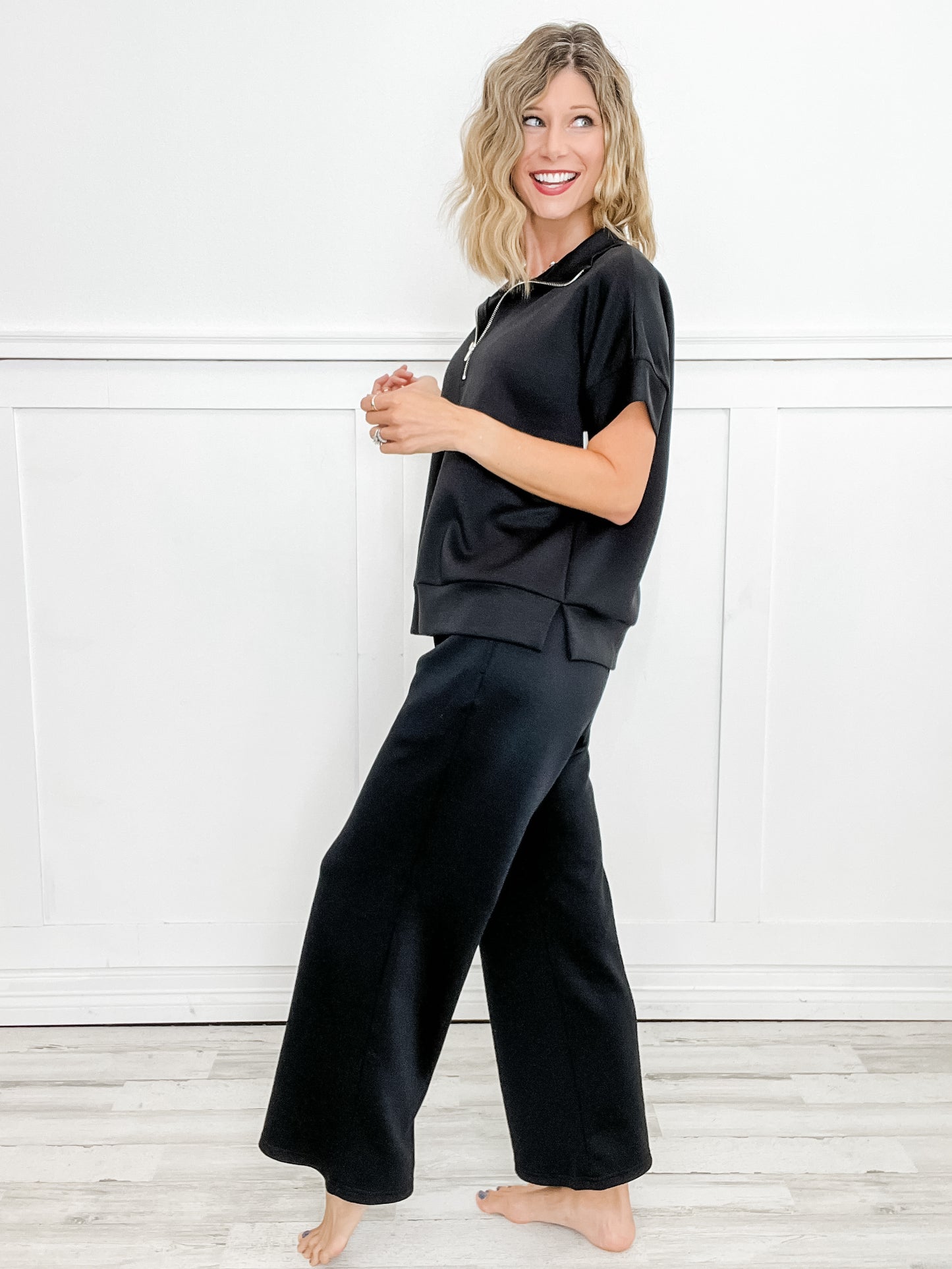 Catalina Short Sleeve Half Zipper Top with Wide Leg Pants Set in Black