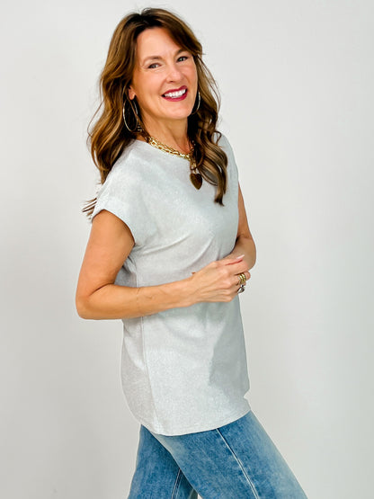 Relaxed Fit Round Neck Cap Sleeves Shimmer Top