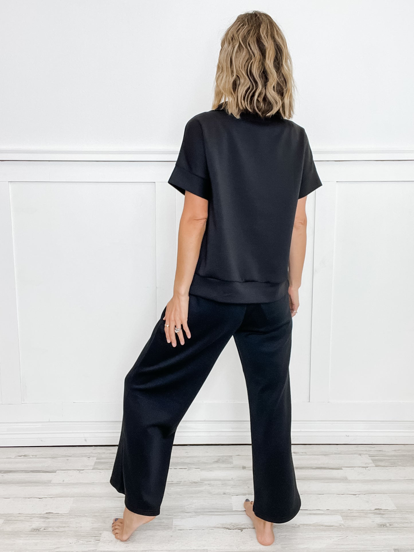 Catalina Short Sleeve Half Zipper Top with Wide Leg Pants Set in Black