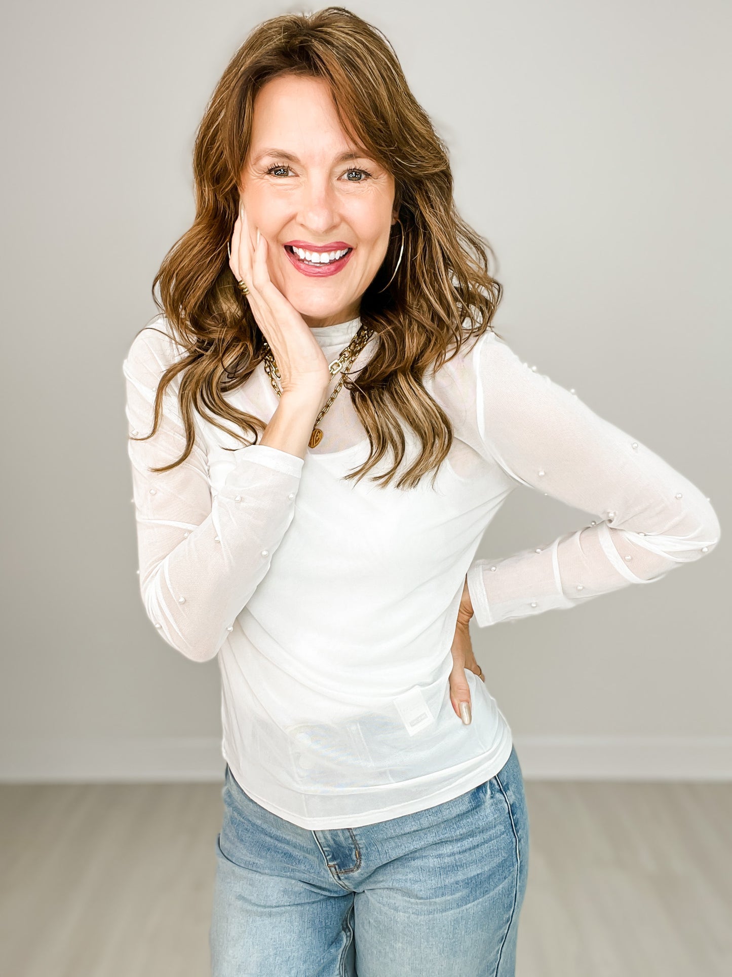 Mock Neck Mesh Top with Pearl Detail - GRP B