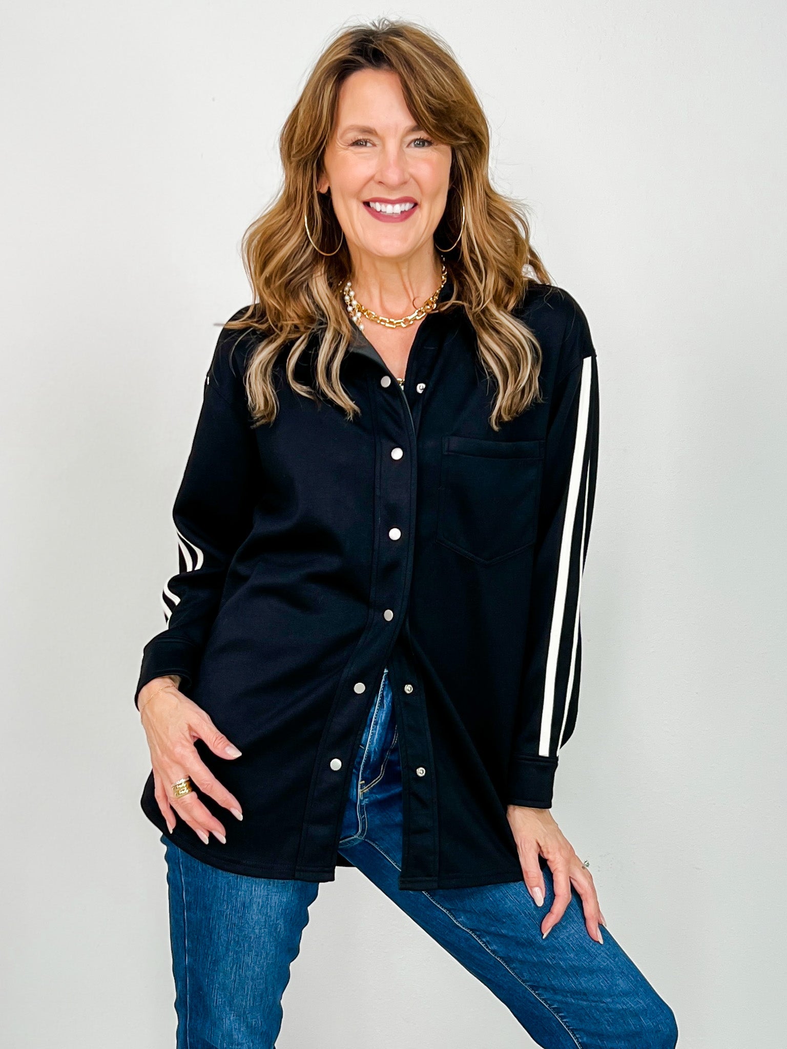 Long Racer Stripe Sleeved Button Up Collared Top