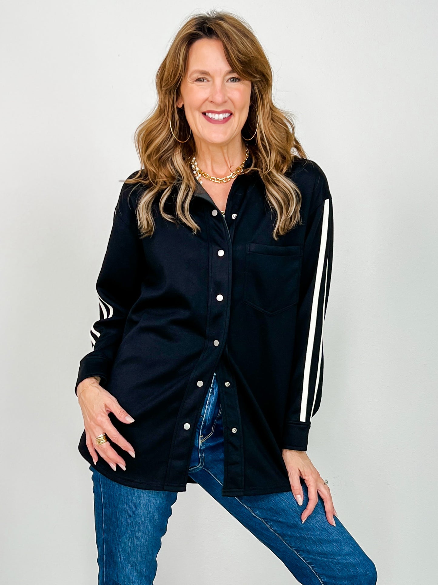 Long Racer Stripe Sleeved Button Up Collared Top