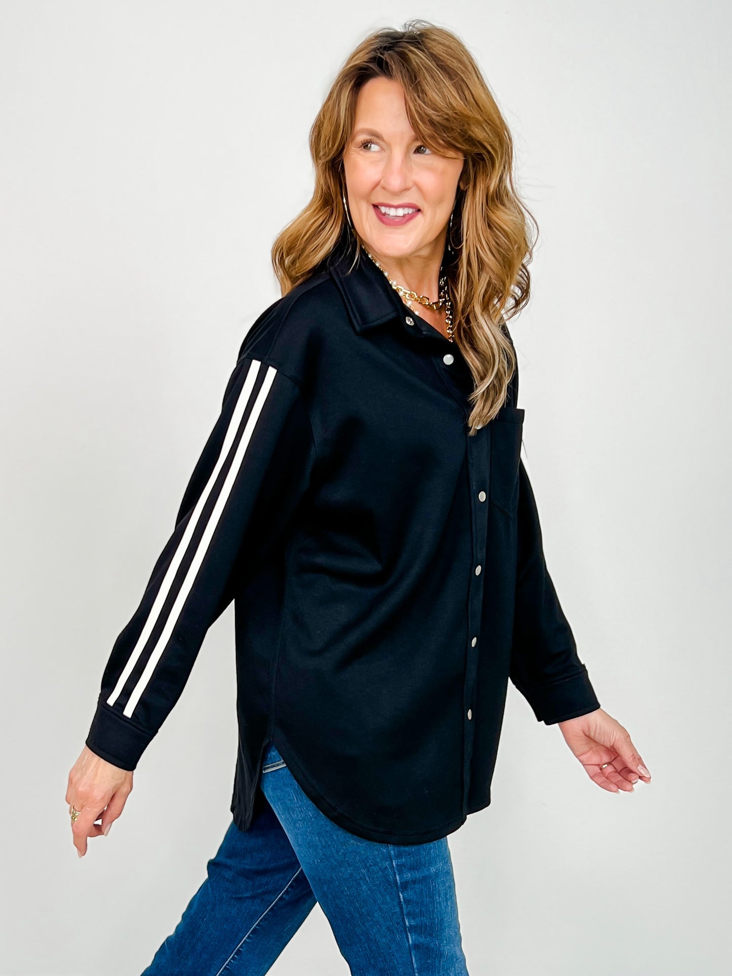 Long Racer Stripe Sleeved Button Up Collared Top