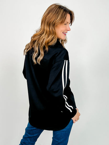 Long Racer Stripe Sleeved Button Up Collared Top