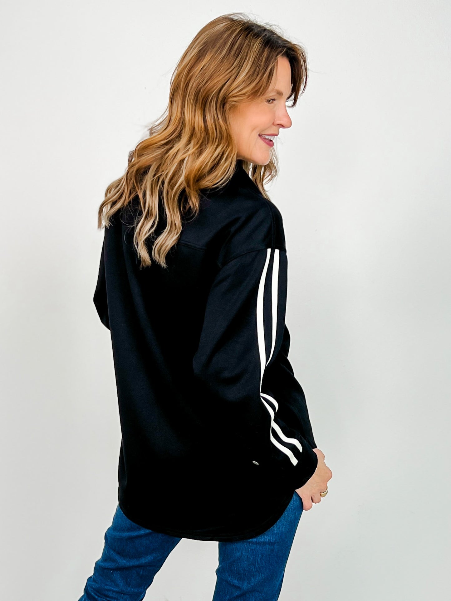 Long Racer Stripe Sleeved Button Up Collared Top