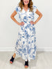Two Tone Landscape Print Midi Dress with Ruffle Sleeves