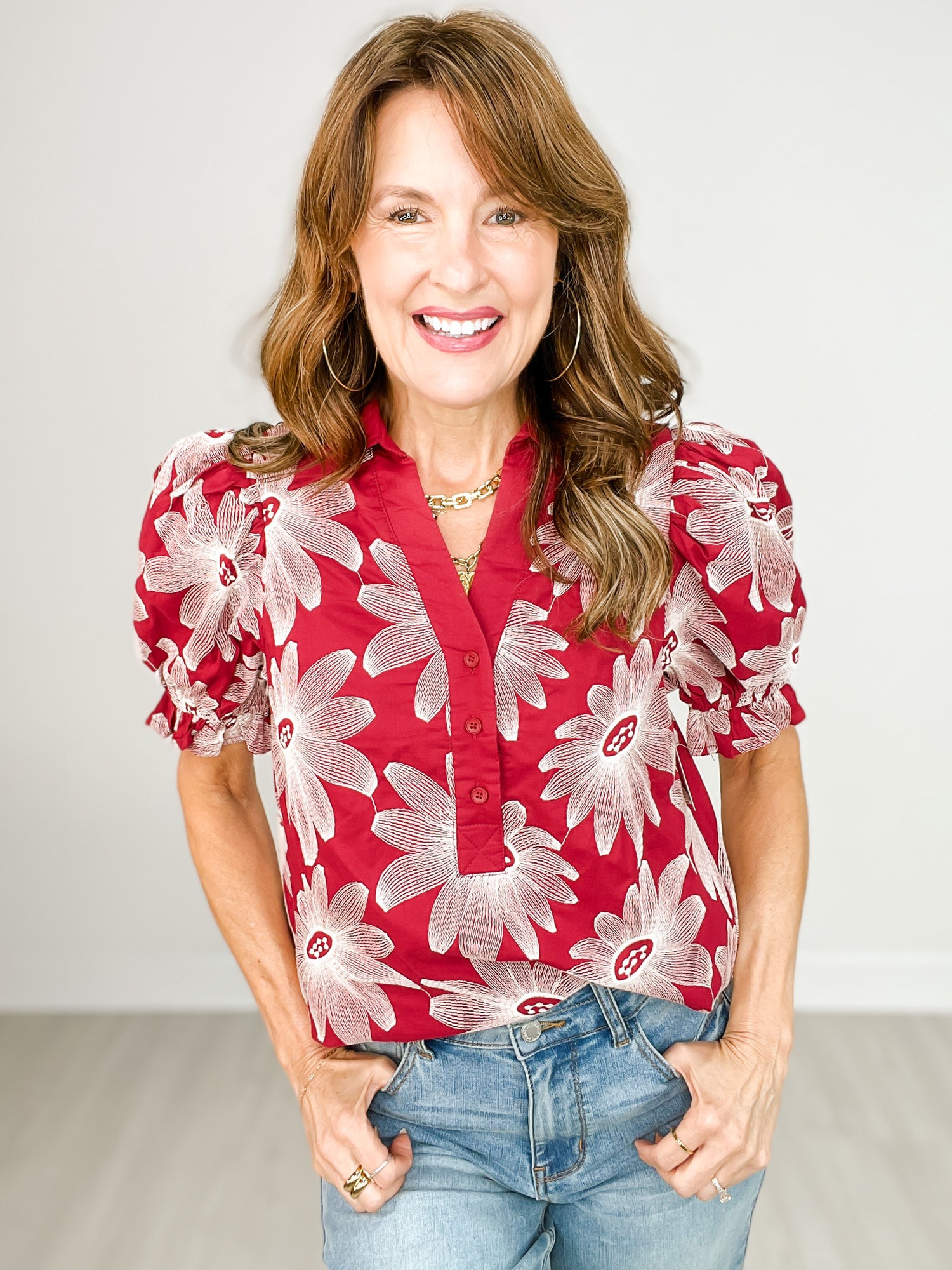 Floral Embroidered Puff Sleeve Top with Collar Button Closure