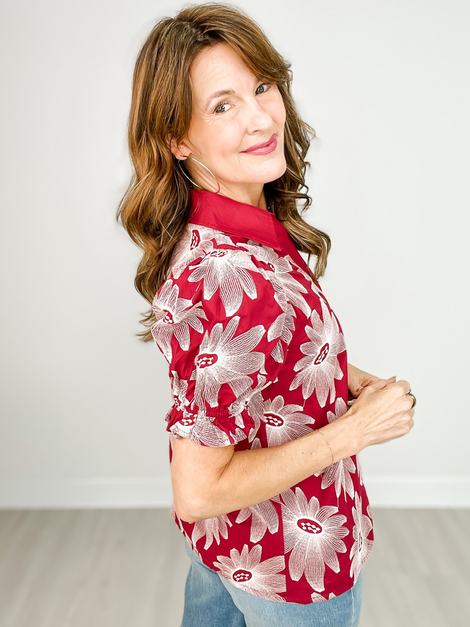 Floral Embroidered Puff Sleeve Top with Collar Button Closure