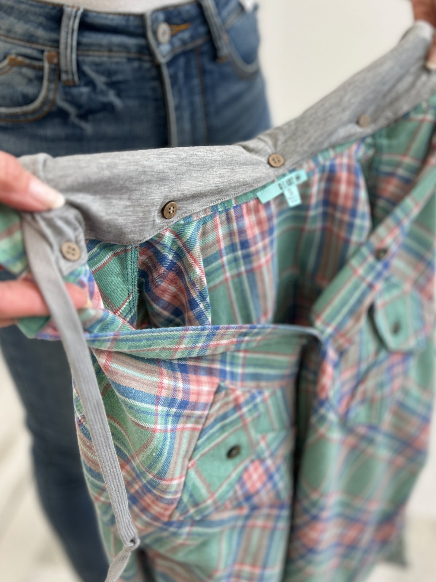 Plaid Button Down Top with Solid Detachable Hood