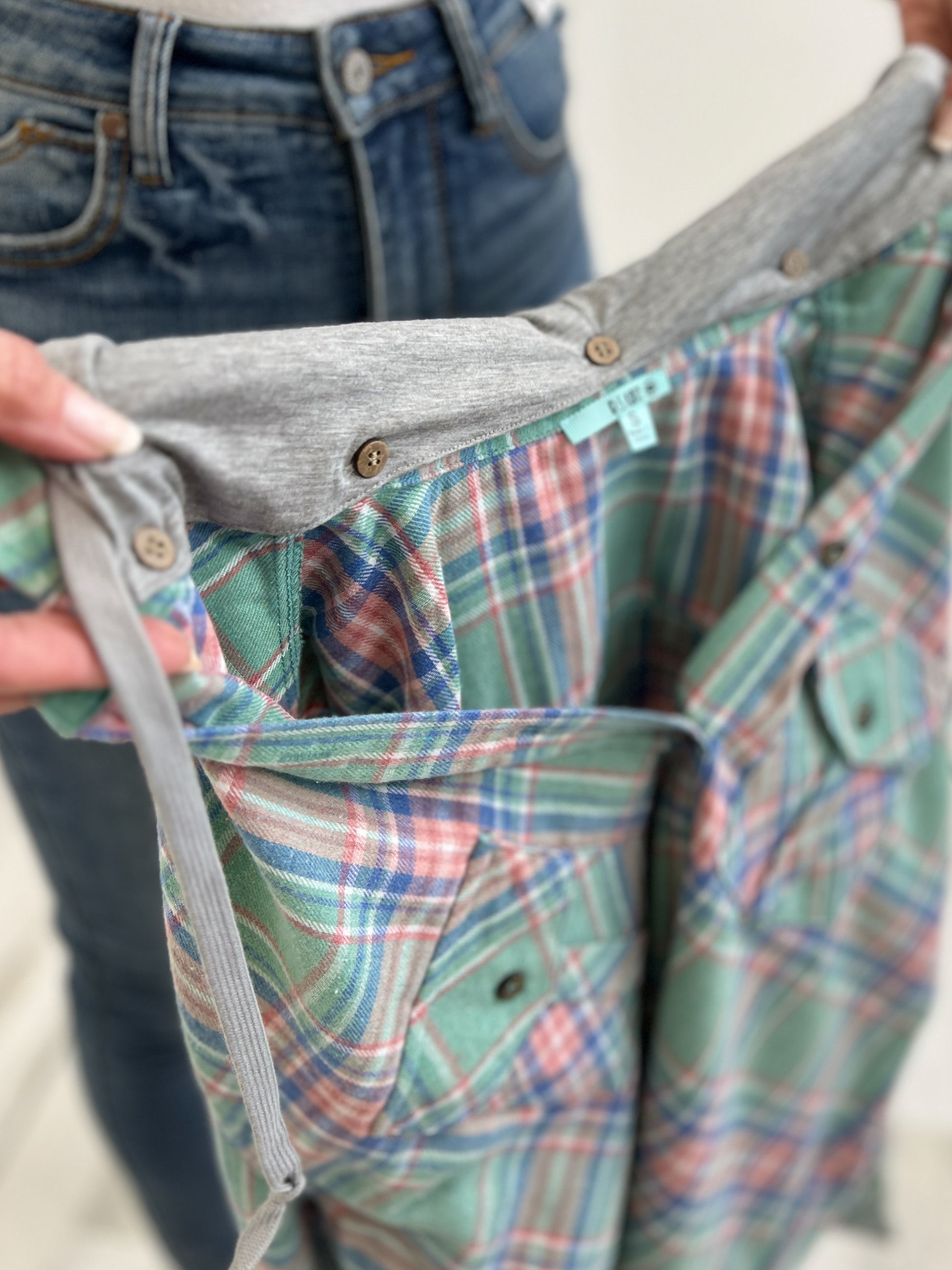 Plaid Button Down Top with Solid Detachable Hood