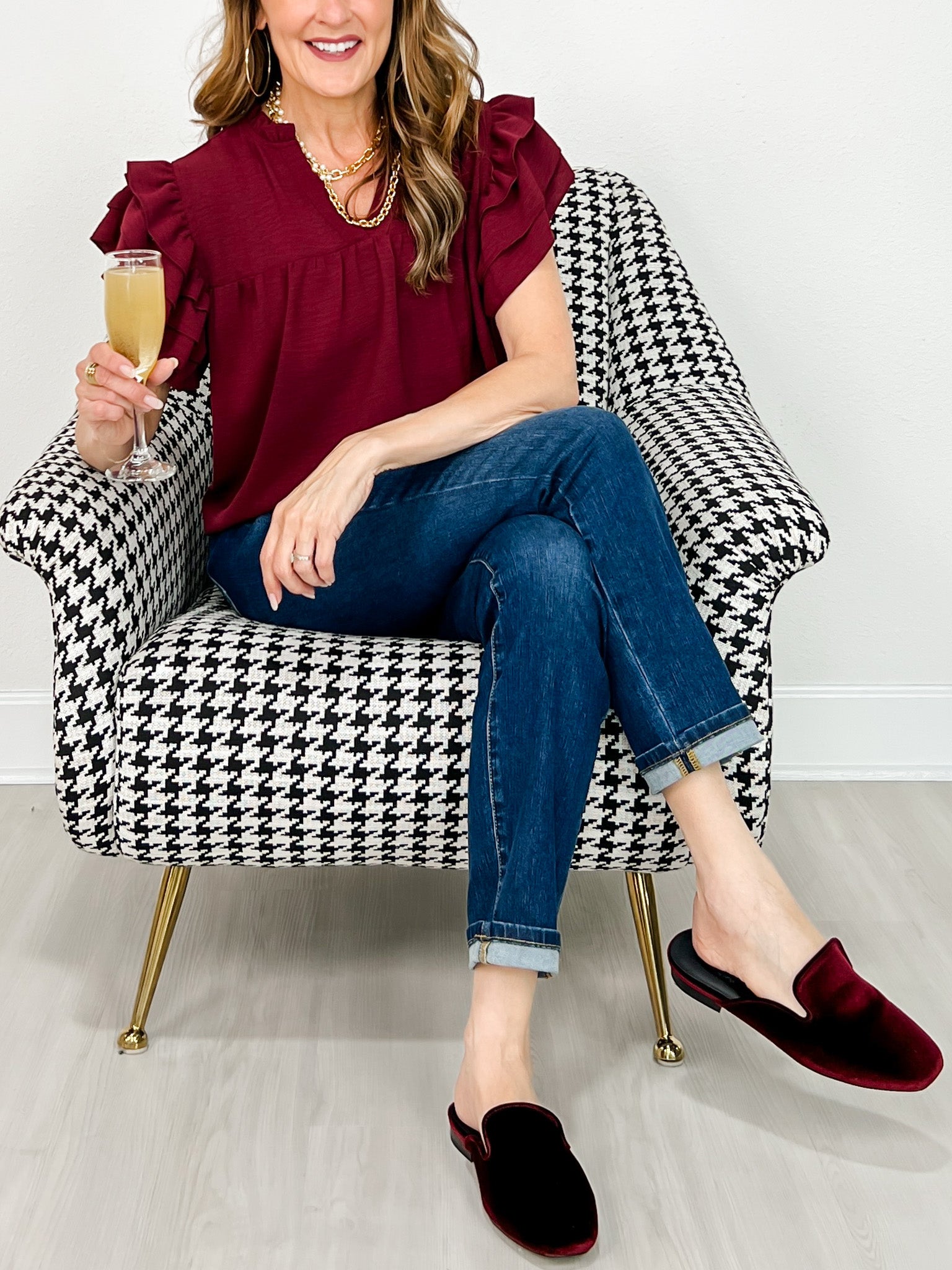 Double Ruffle Sleeve V-Neck Babydoll Top
