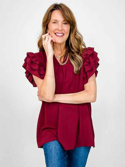 Double Ruffle Sleeve V-Neck Babydoll Top
