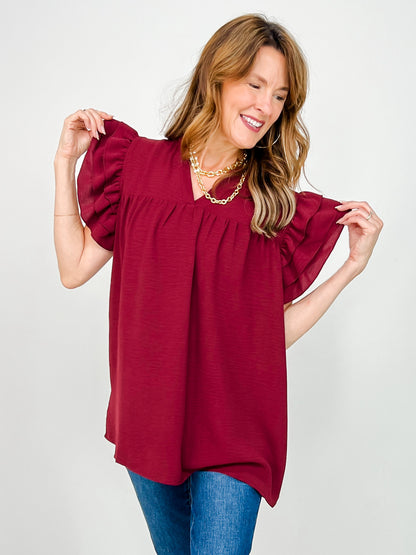 Double Ruffle Sleeve V-Neck Babydoll Top
