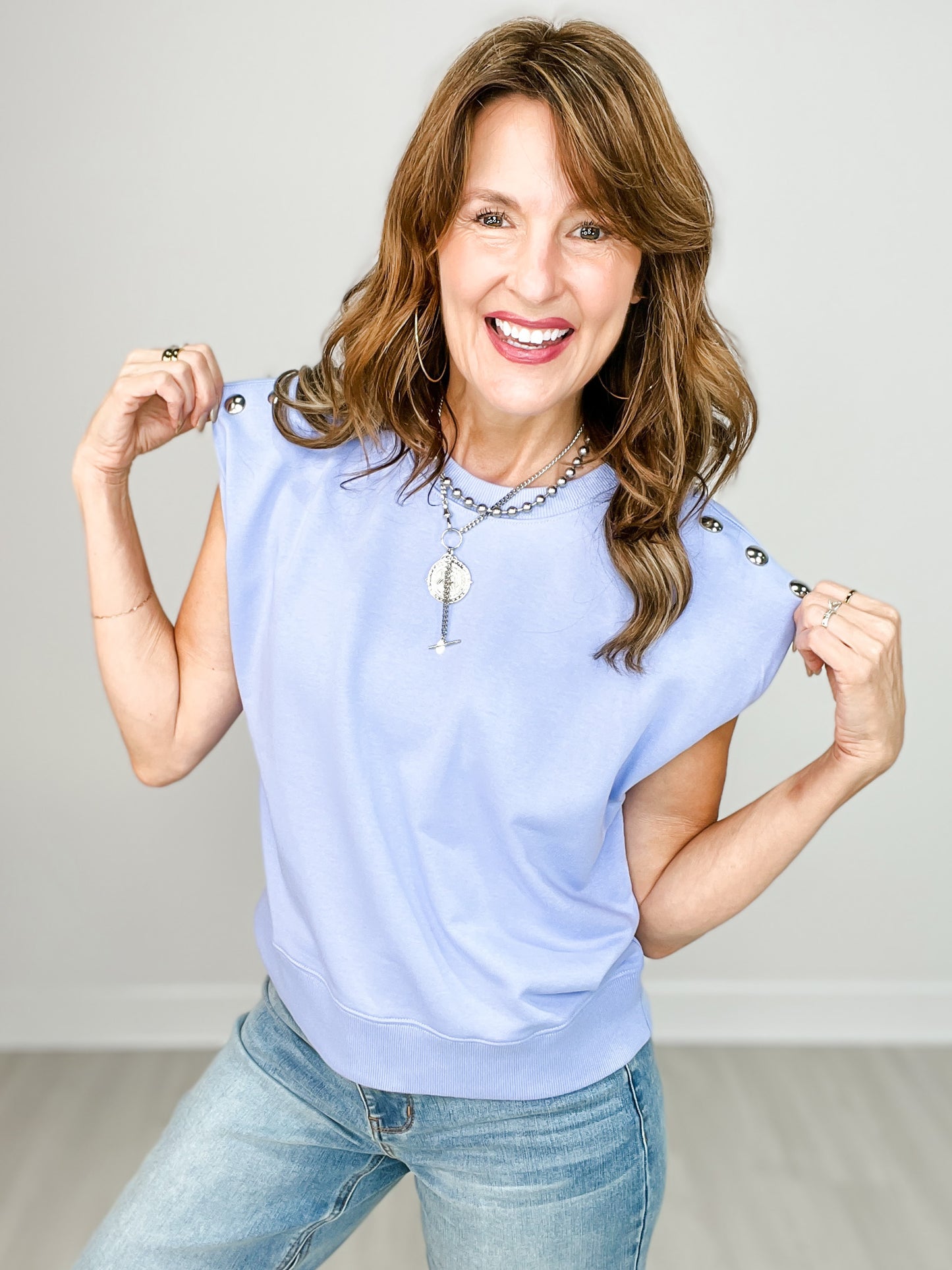 Sleeveless Pullover Top with Accented Shoulder Studs