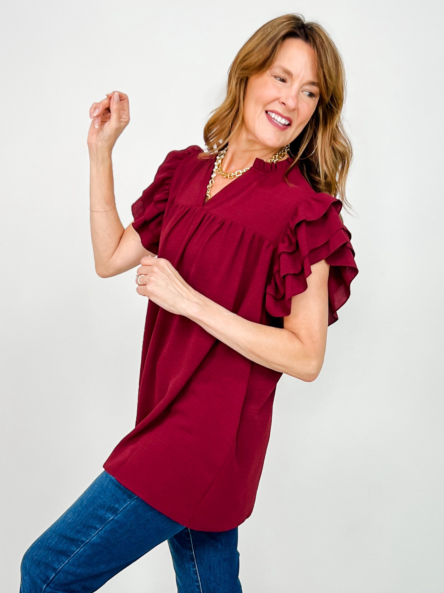 Double Ruffle Sleeve V-Neck Babydoll Top