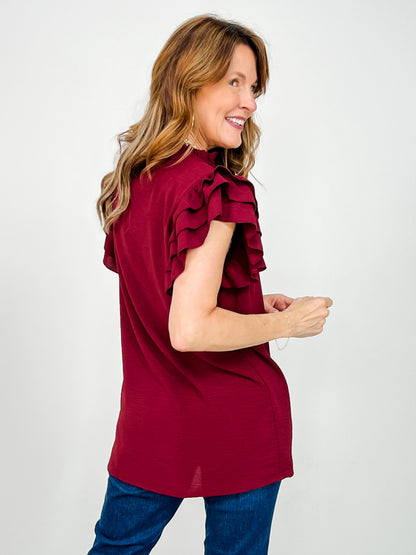 Double Ruffle Sleeve V-Neck Babydoll Top