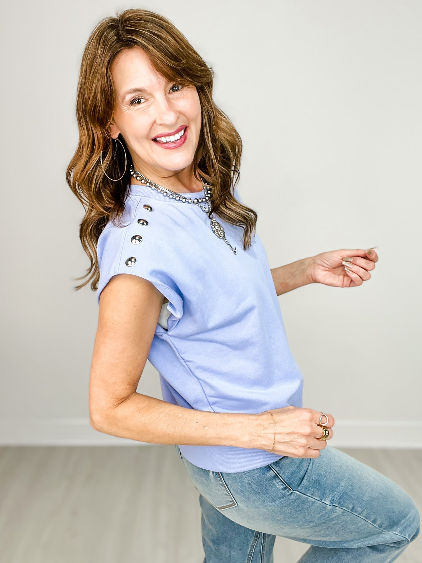 Sleeveless Pullover Top with Accented Shoulder Studs