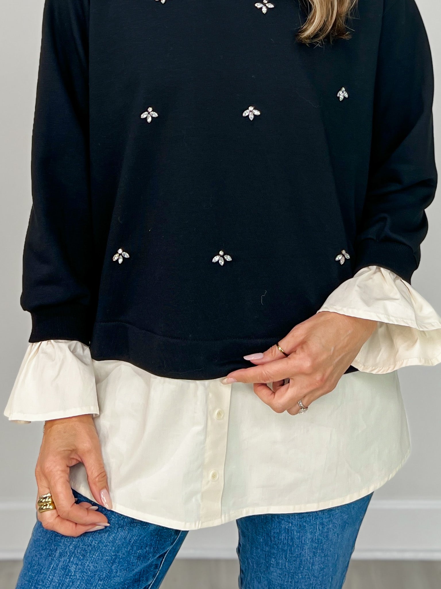 Long Sleeve Top with Rhinestones & Faux Top Under