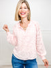 Chiffon Jacquard Neck Ruffle V-Neck Bubble Long Sleeve Top