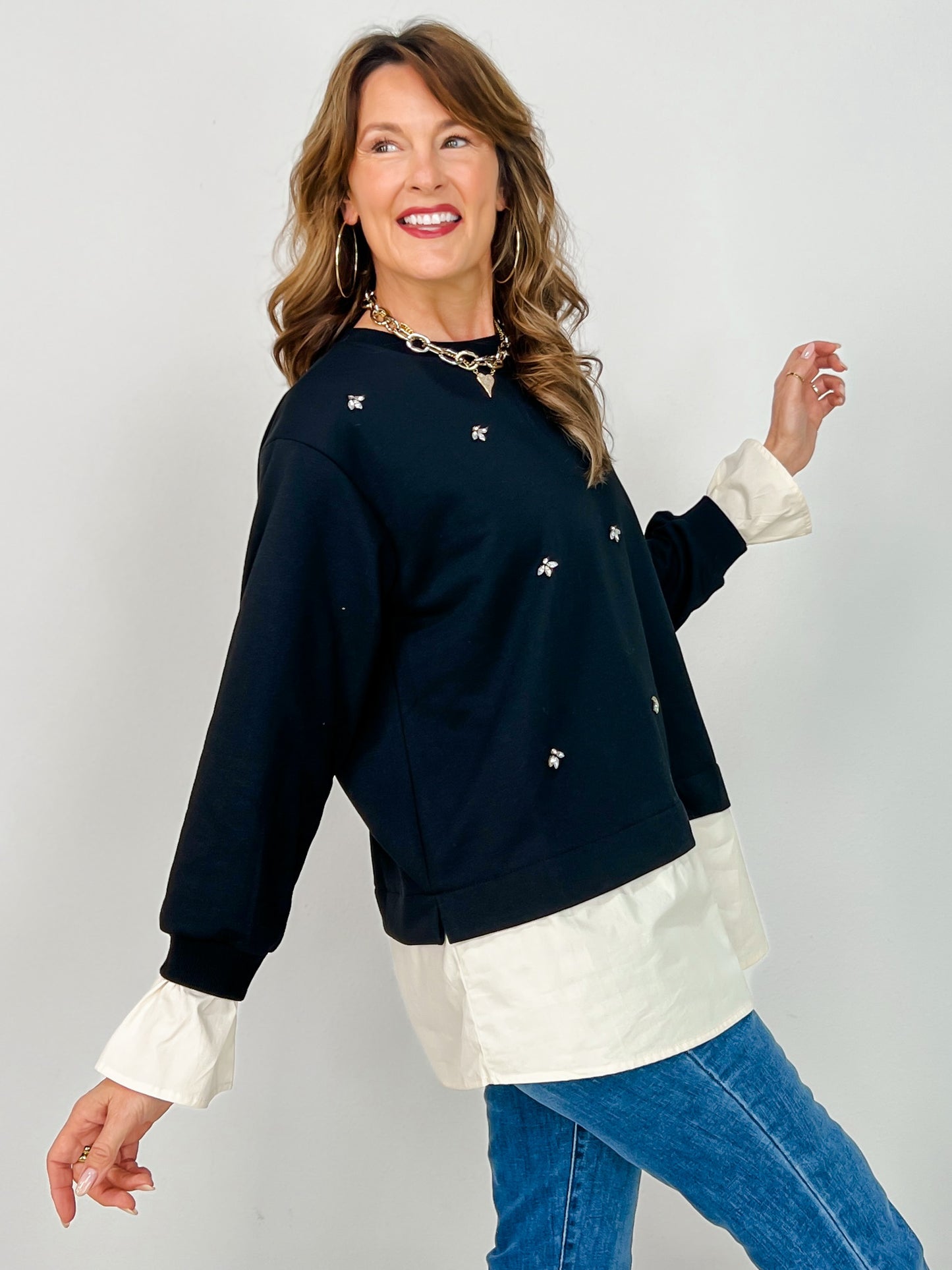 Long Sleeve Top with Rhinestones & Faux Top Under