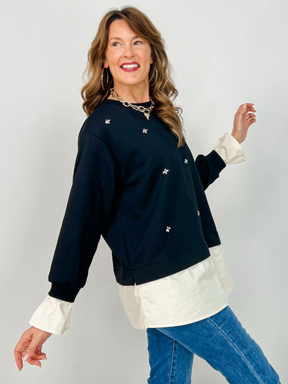 Long Sleeve Top with Rhinestones & Faux Top Under