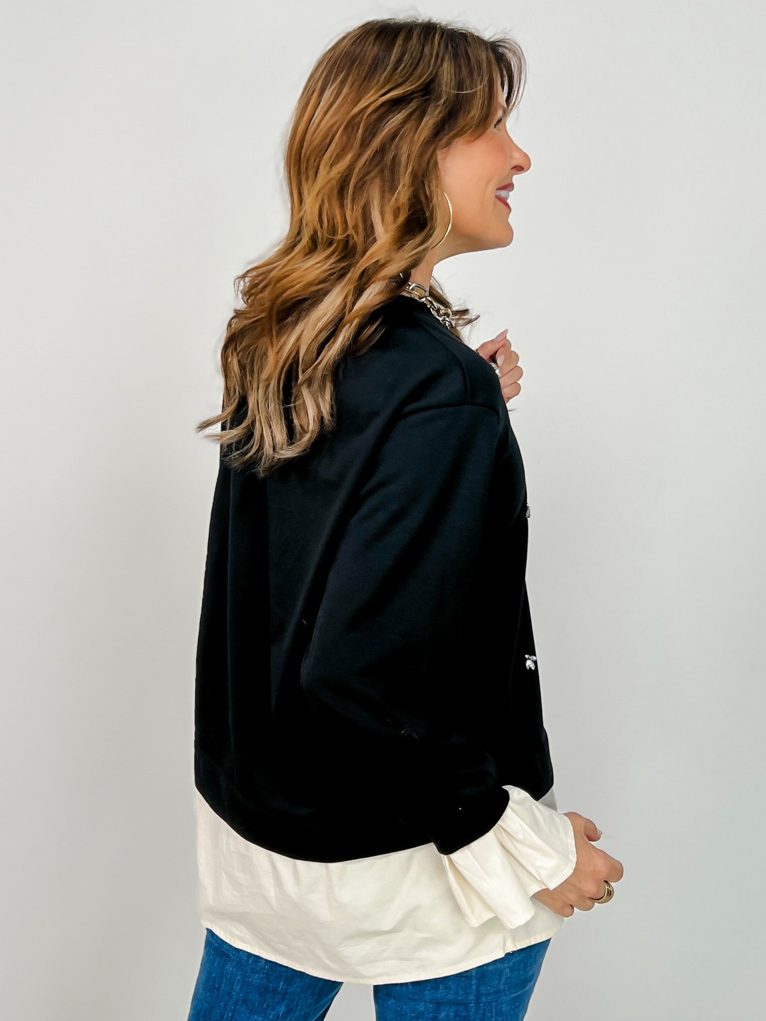 Long Sleeve Top with Rhinestones & Faux Top Under