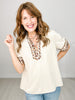 Short Sleeve Top with Leopard Accent Collar and Sleeve Band