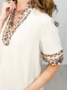 Short Sleeve Top with Leopard Accent Collar and Sleeve Band