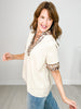 Short Sleeve Top with Leopard Accent Collar and Sleeve Band