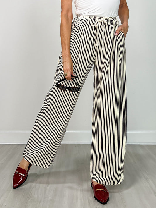 Elastic Waist Tie Stripe Wide Fit Pants