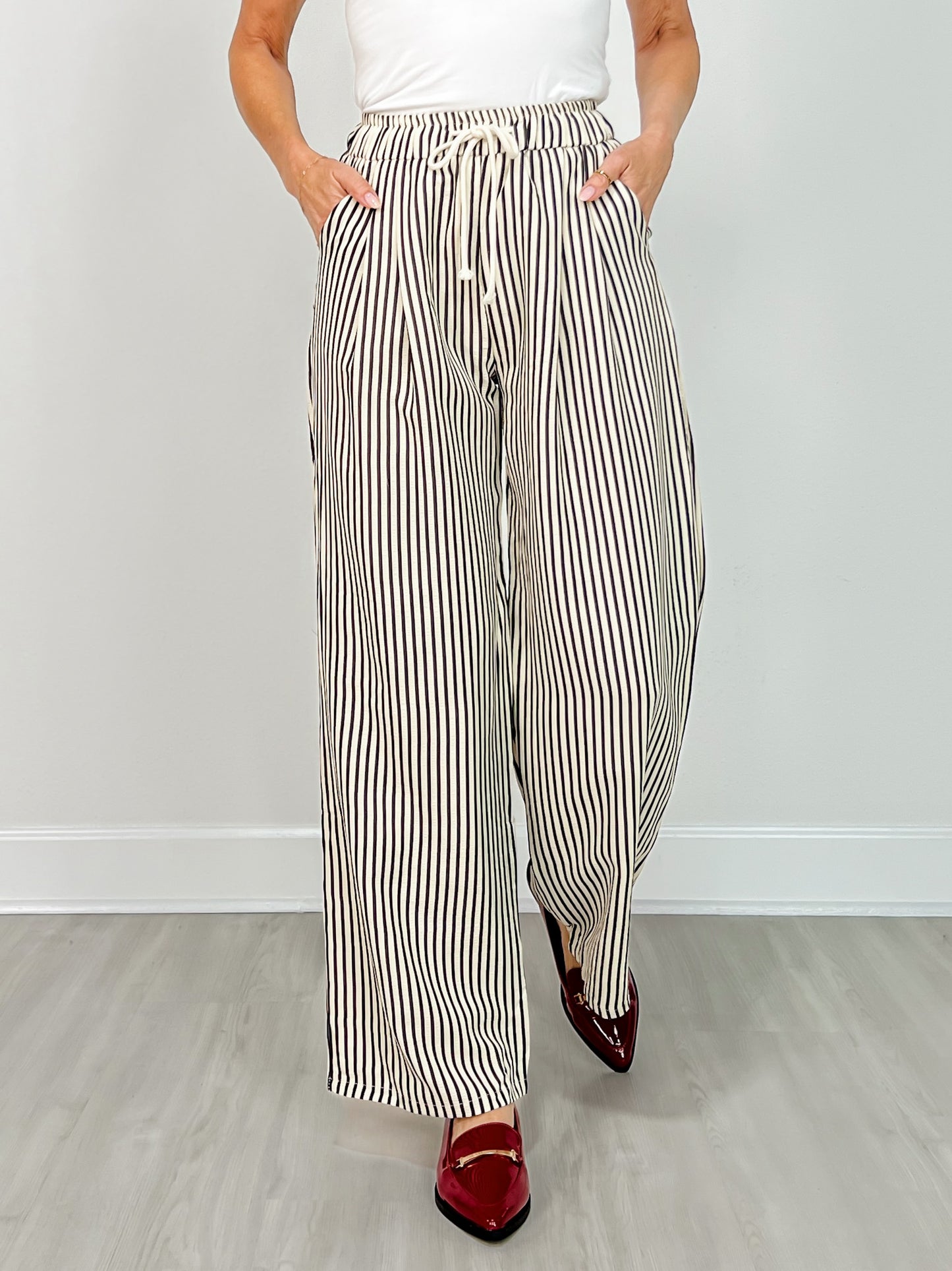 Elastic Waist Tie Stripe Wide Fit Pants
