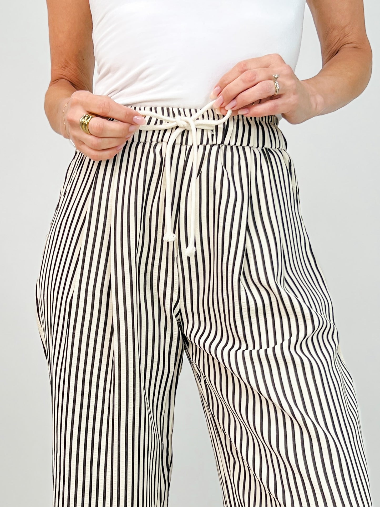 Elastic Waist Tie Stripe Wide Fit Pants