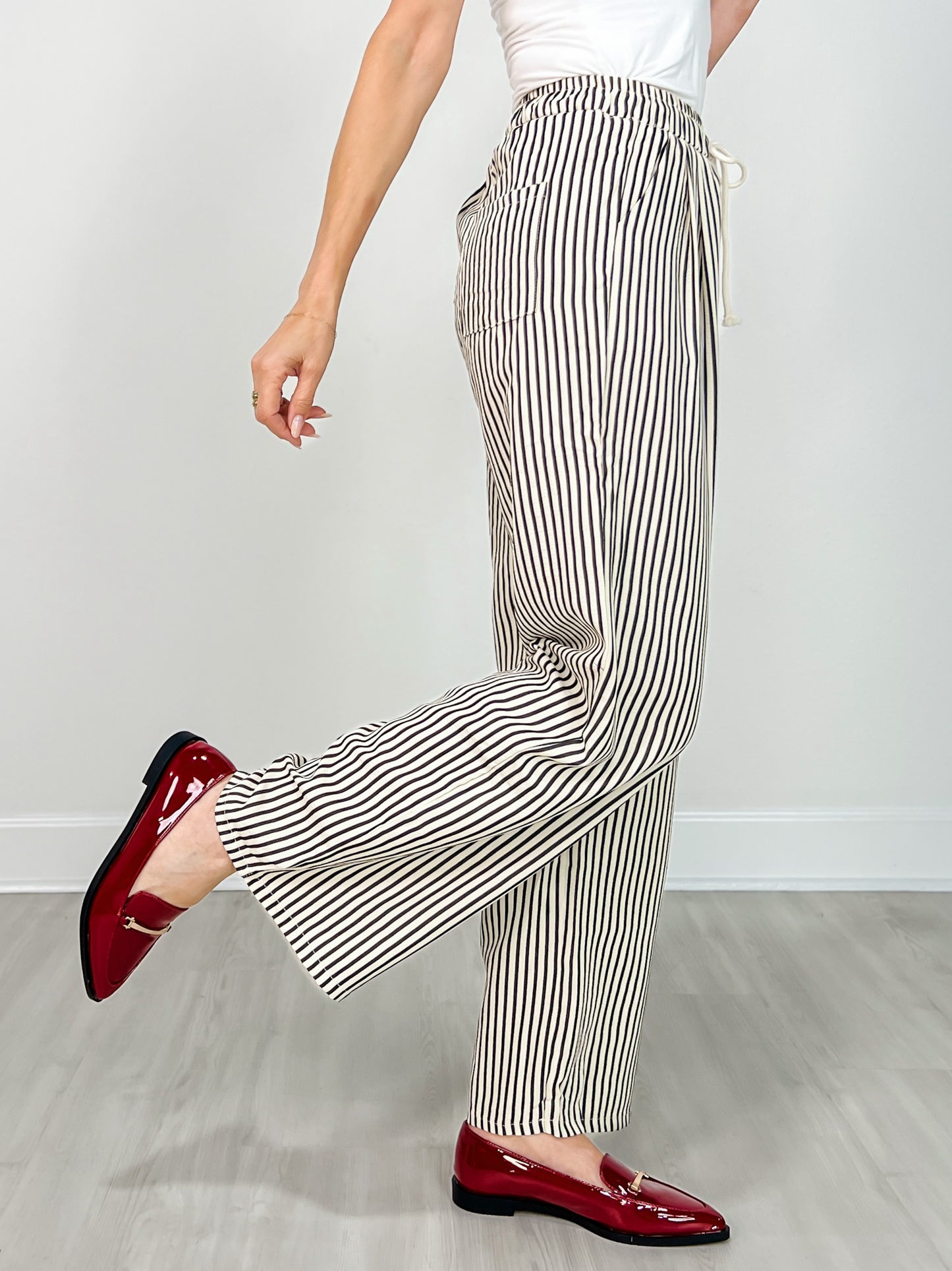Elastic Waist Tie Stripe Wide Fit Pants