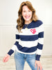 Heart Embroidered Bold Striped Crew Neck Sweater