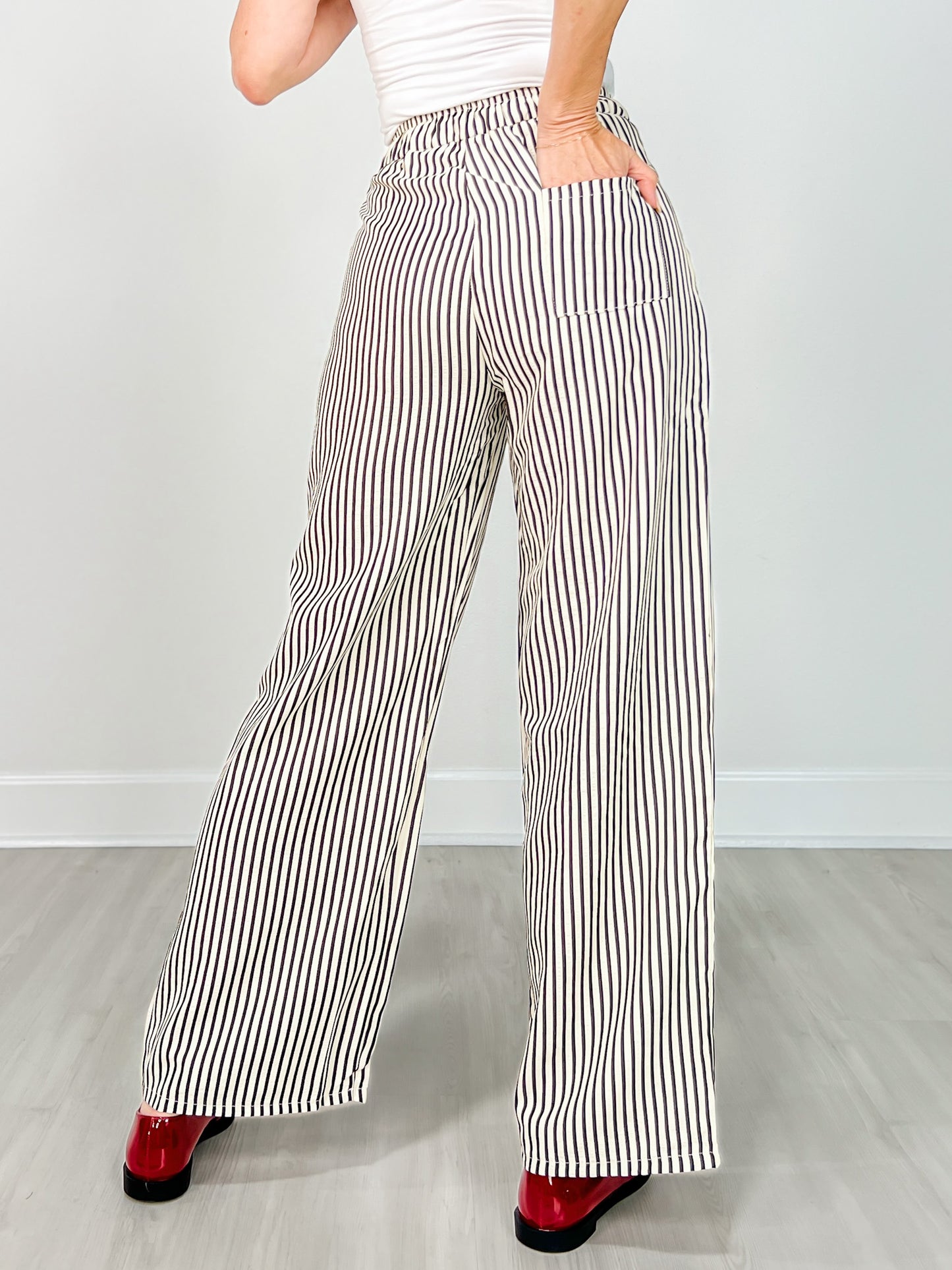 Elastic Waist Tie Stripe Wide Fit Pants