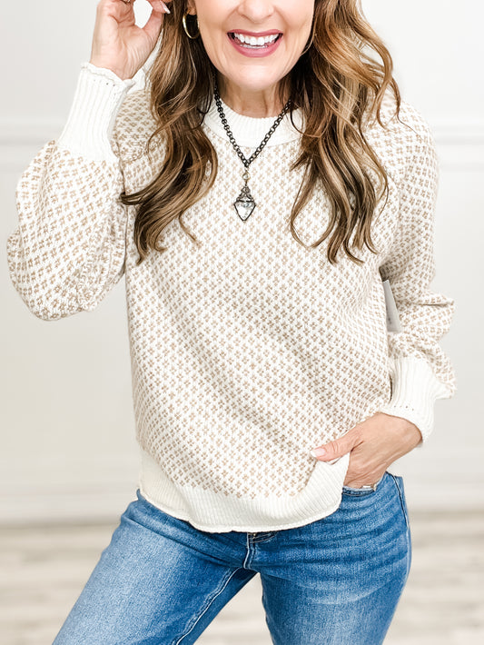 Texture Detail Crew Neck Raglan Sleeve Sweater in Beige