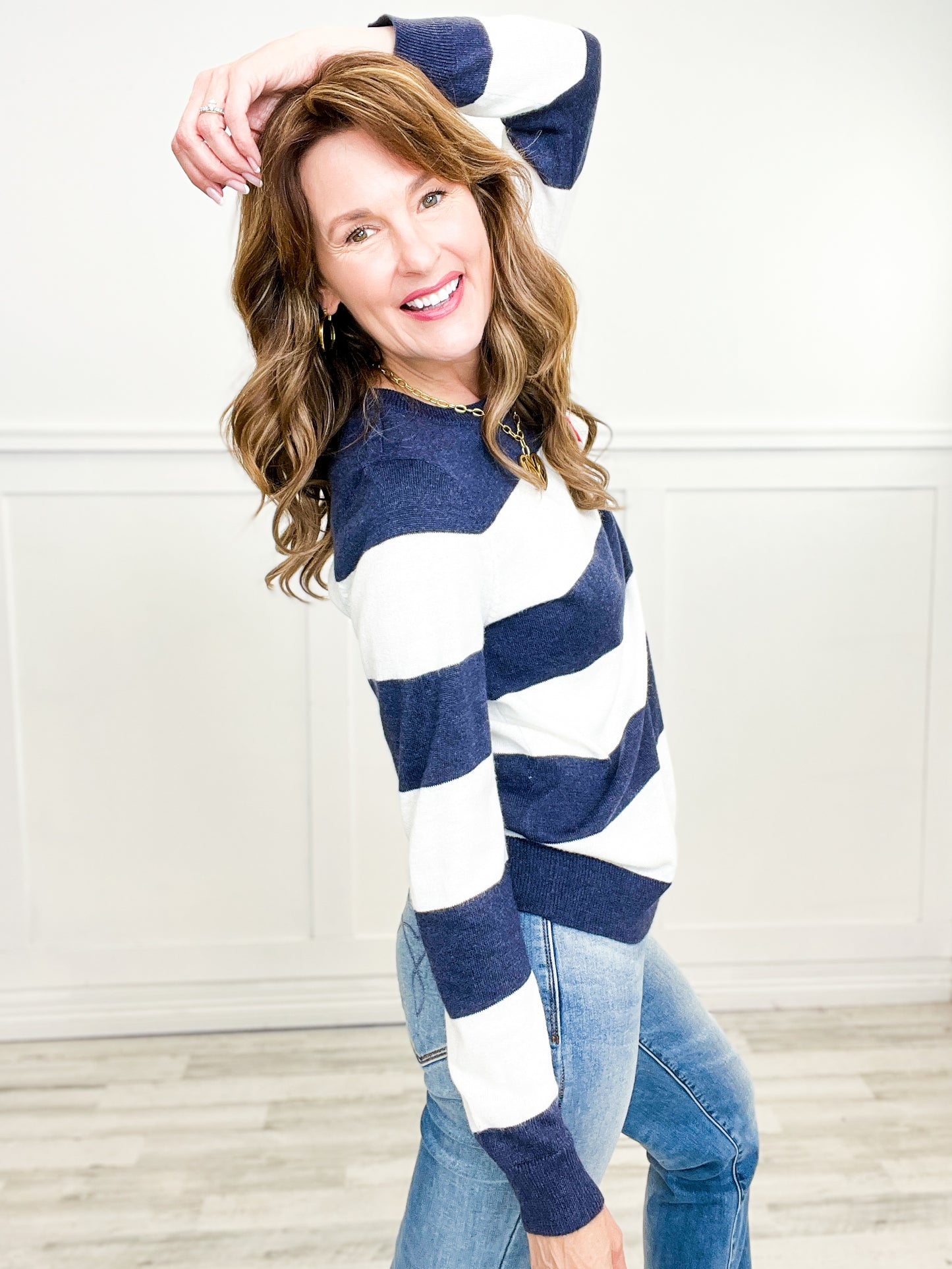 Heart Embroidered Bold Striped Crew Neck Sweater