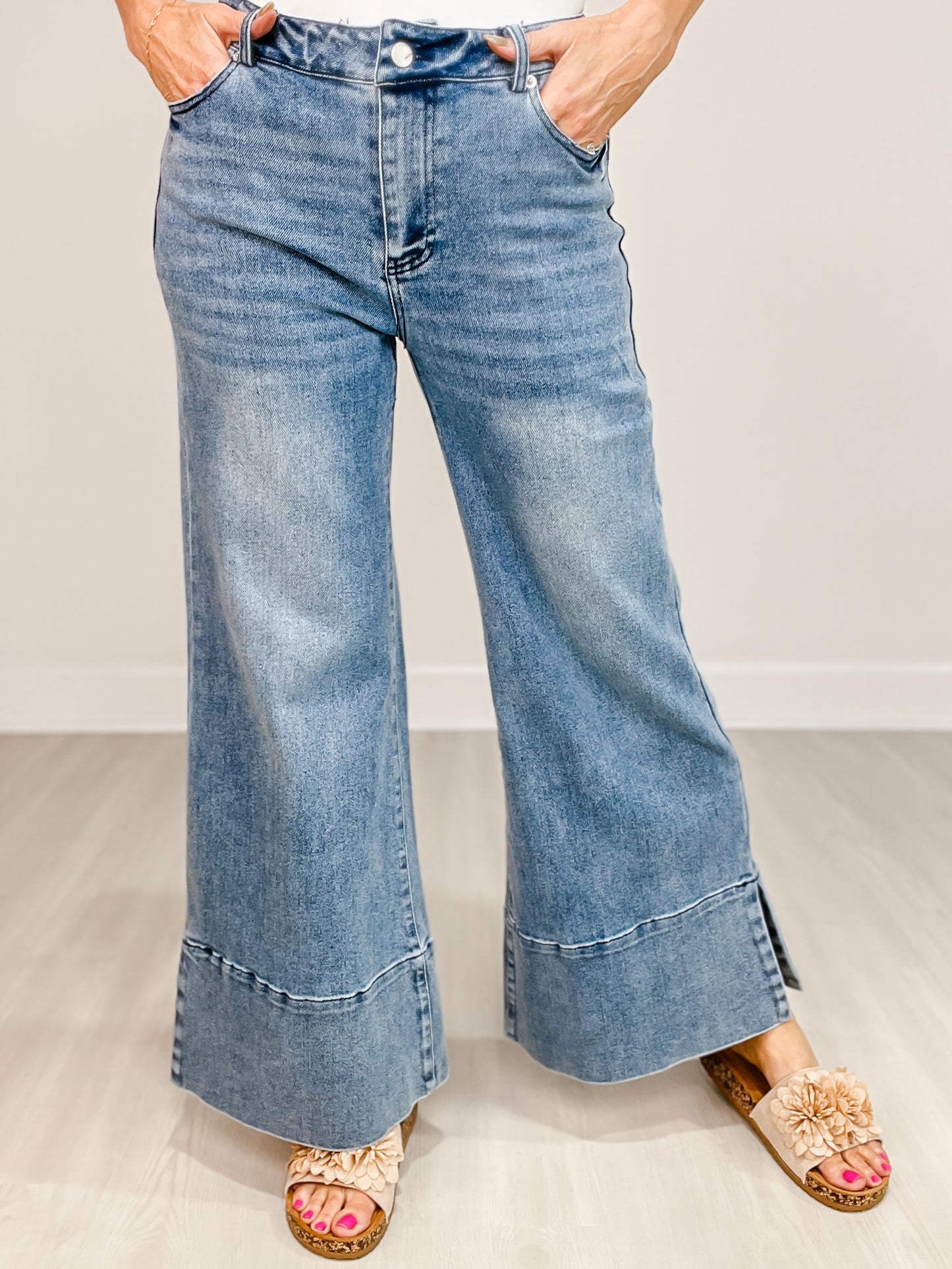 Wide Leg Flare Denim Jeans With Side Slits