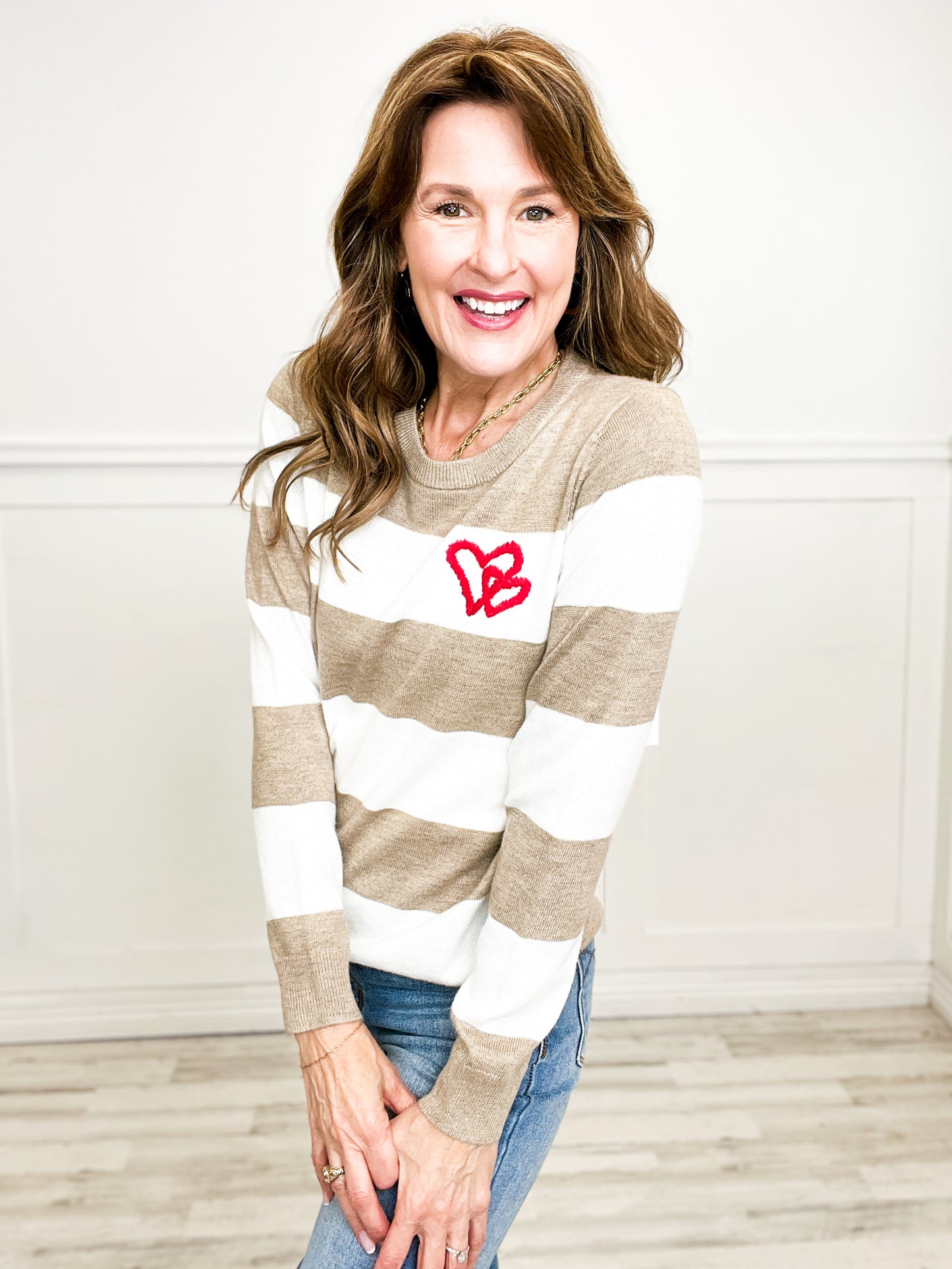 Heart Embroidered Bold Striped Crew Neck Sweater