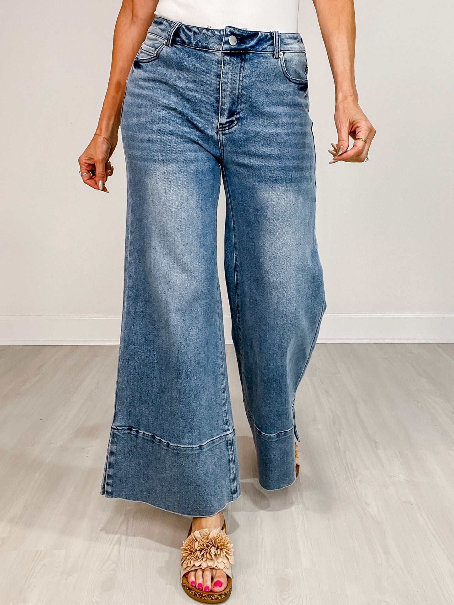 Wide Leg Flare Denim Jeans With Side Slits