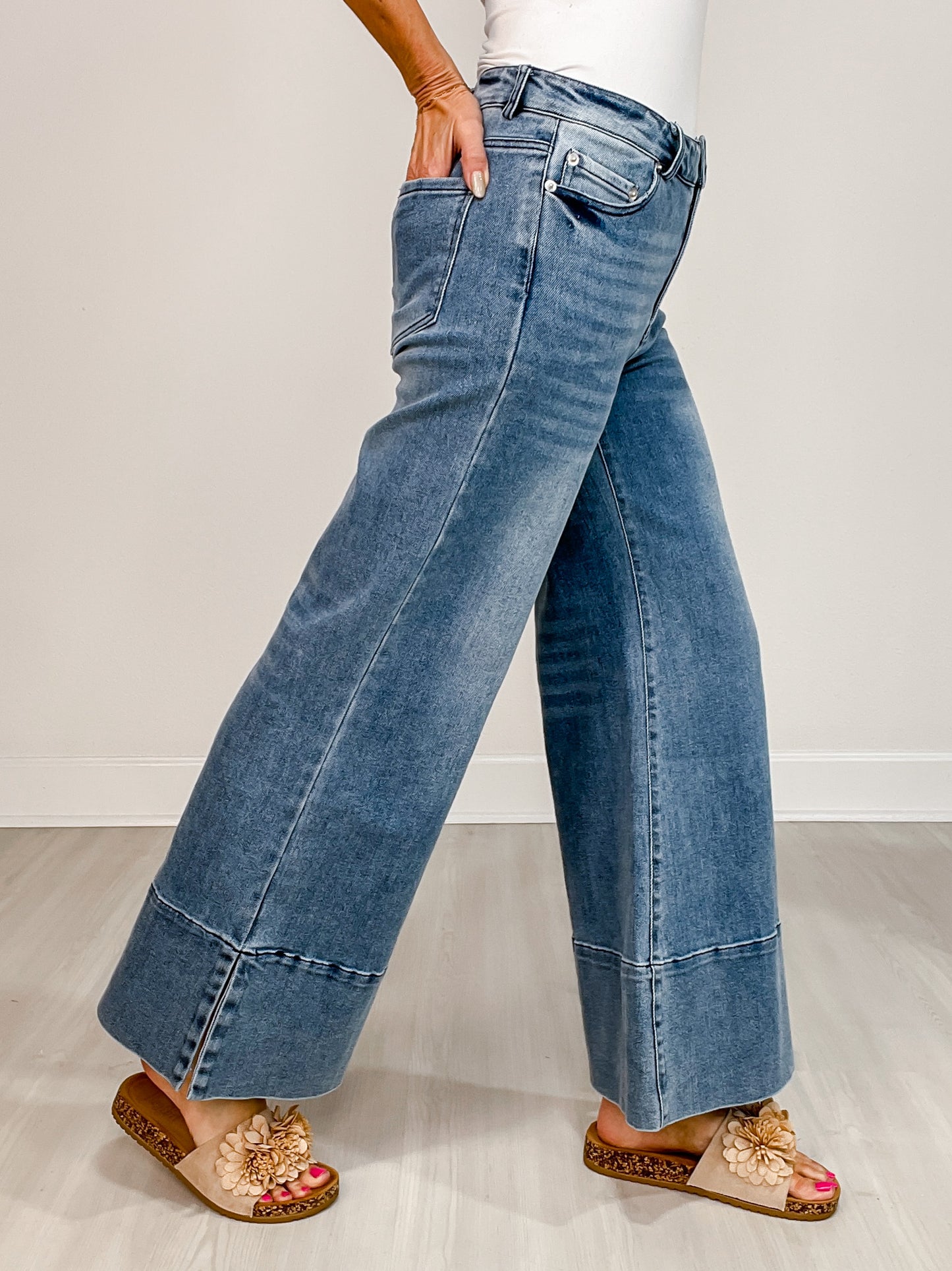 Wide Leg Flare Denim Jeans With Side Slits