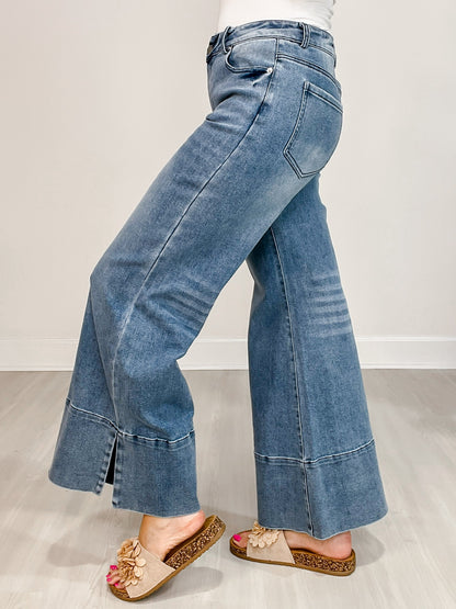 Wide Leg Flare Denim Jeans With Side Slits