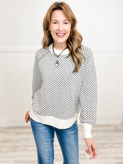 Texture Detail Crew Neck Raglan Sleeve Sweater in Charcoal