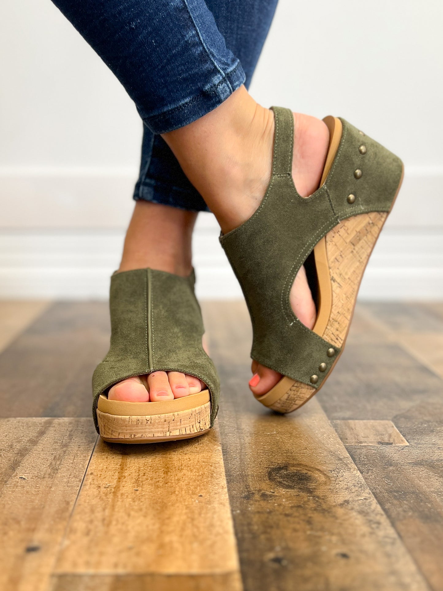 Corkys Carley Wedge Shoes in Olive Suede